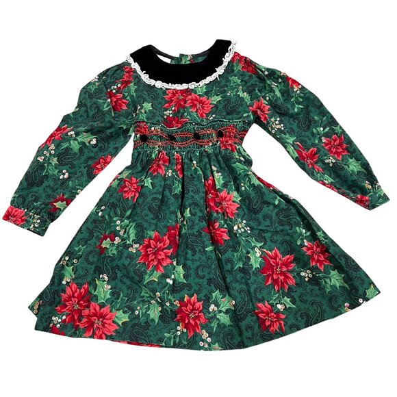 Vintage Dolly Flinders Girls 4T Christmas Dress Green & Red Floral Lace Collar L